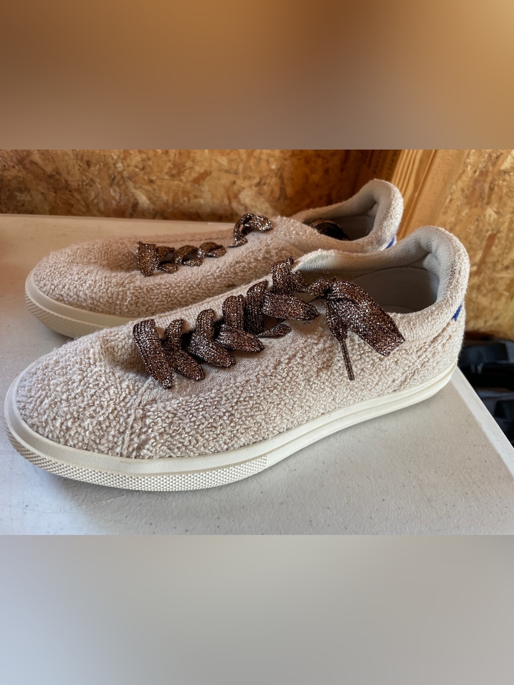 Rothy's Cream Terry Sneakers with Metallic Brown Laces